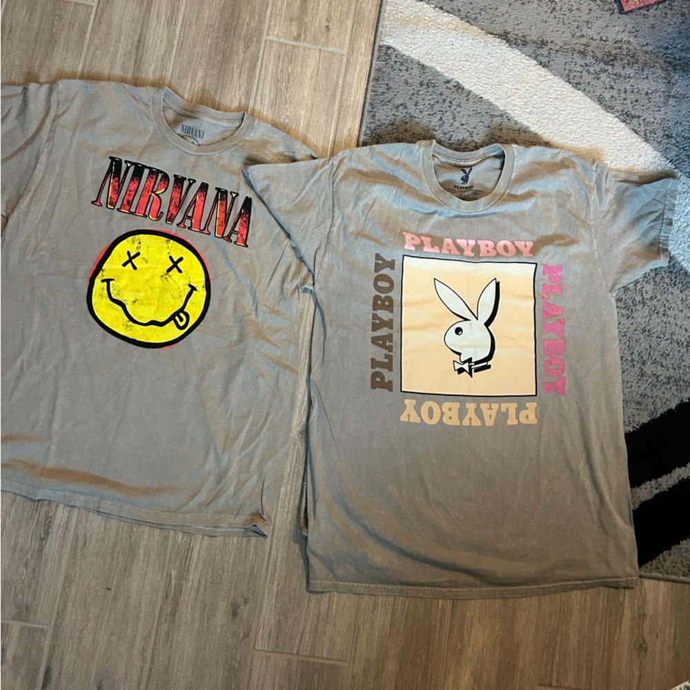 Large acid wash band tee bundle playboy and Nirvana NWOT